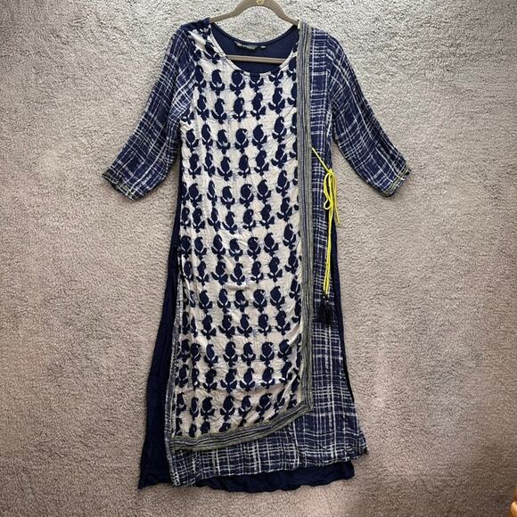 Avaasa Women's 2XL Maxi Dress Blue White Layered FLowy Side Tie Beautiful Kurta - Picture 1 of 11